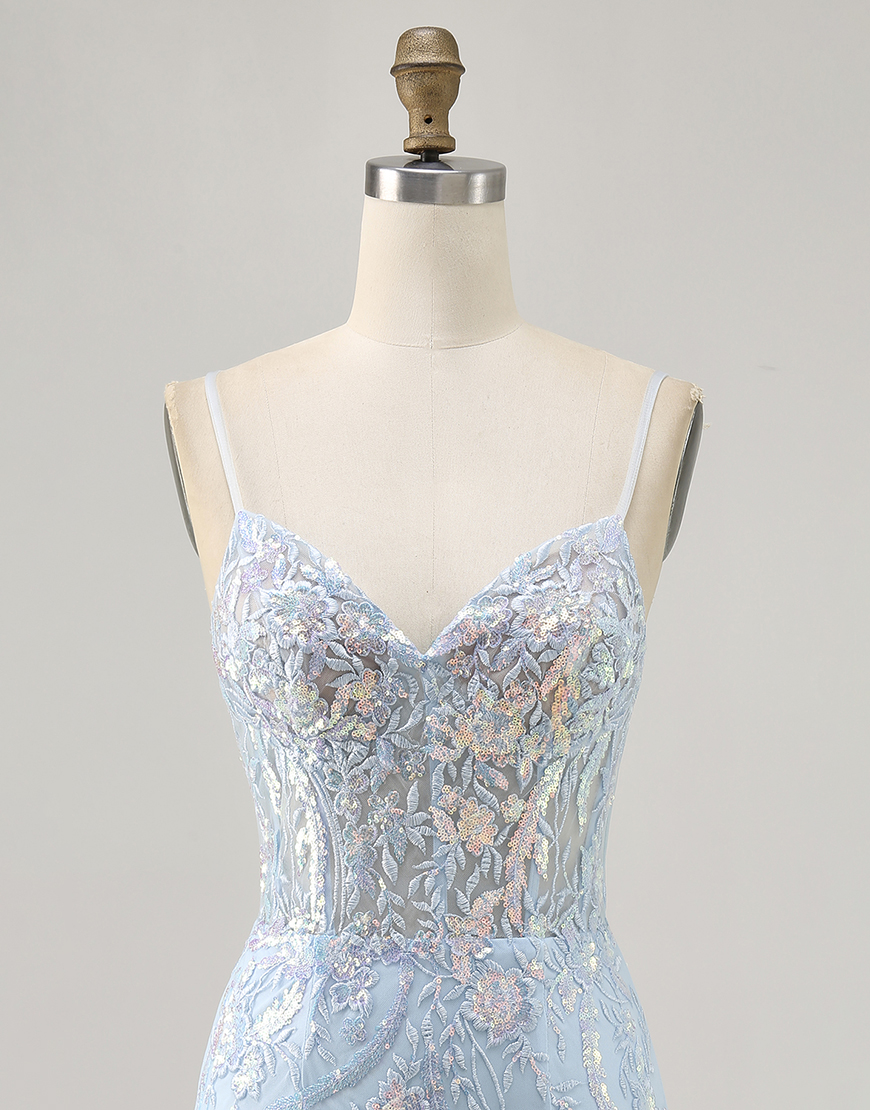 Sparkly Light Blue Spaghetti Straps Short Corset Lace Homecoming Dress