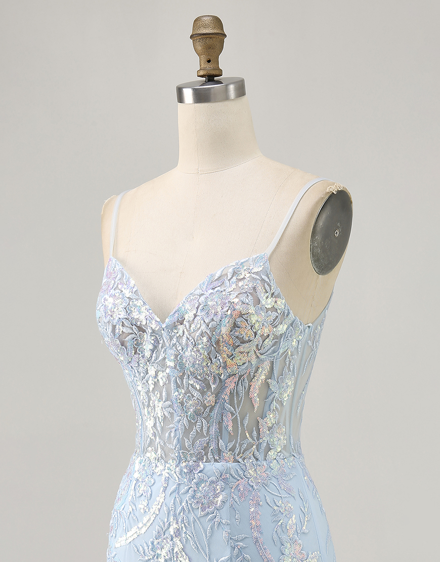 Sparkly Light Blue Spaghetti Straps Short Corset Lace Homecoming Dress