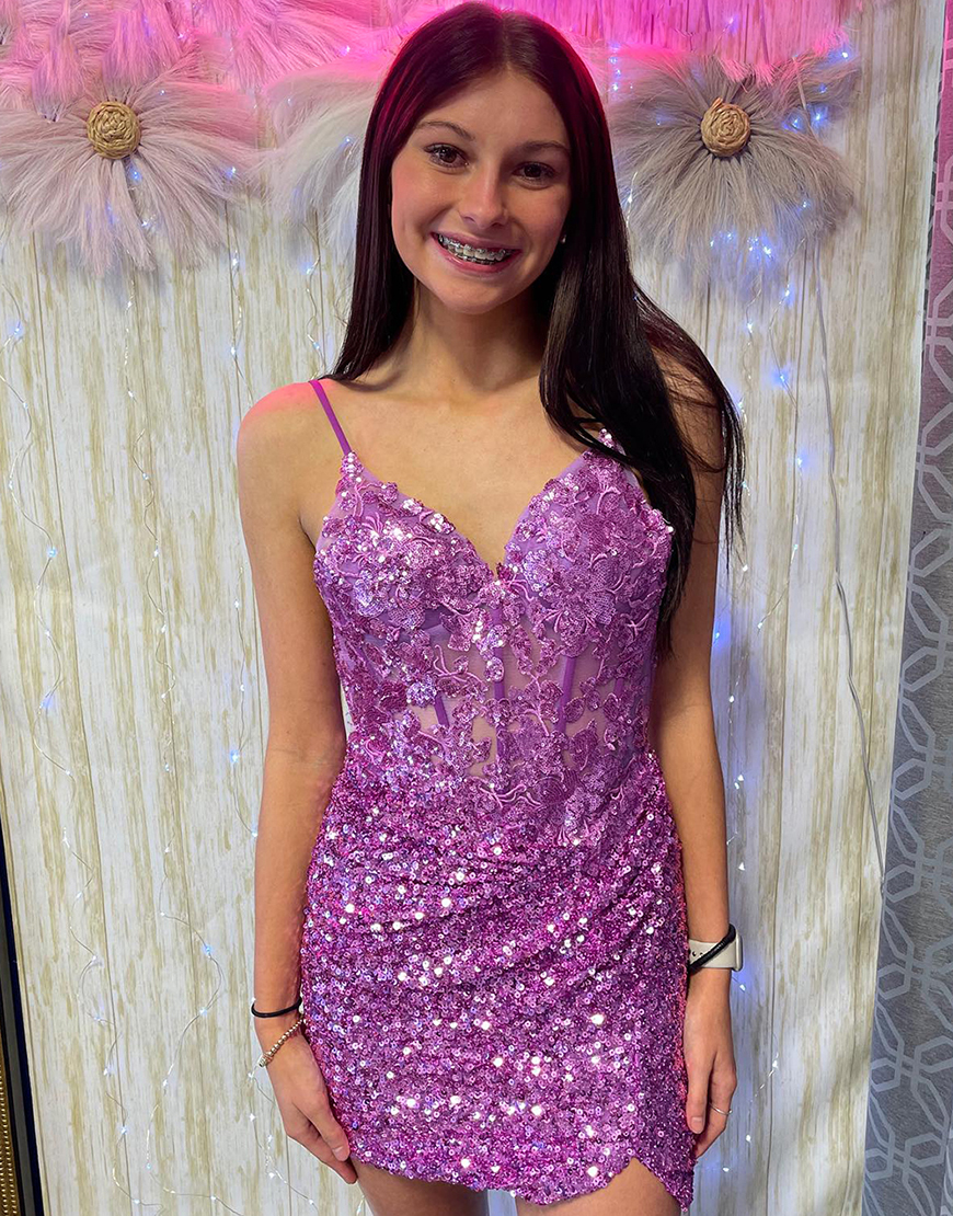 Pretty Lilac Spaghetti Straps Sequins Tight Homecoming Dress