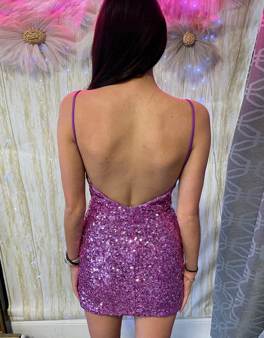 Pretty Lilac Spaghetti Straps Sequins Tight Homecoming Dress