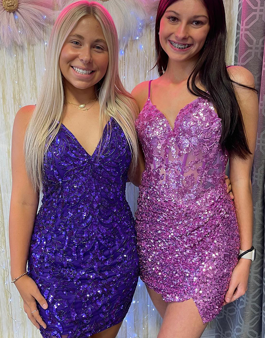 Pretty Lilac Spaghetti Straps Sequins Tight Homecoming Dress