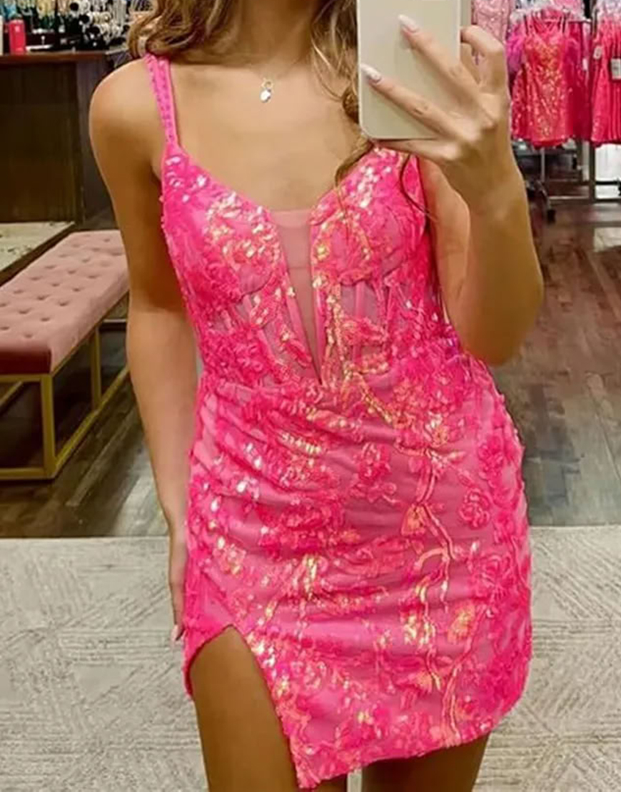 Sparkly Double Straps Lace Up Short Tight Homecoming Dress