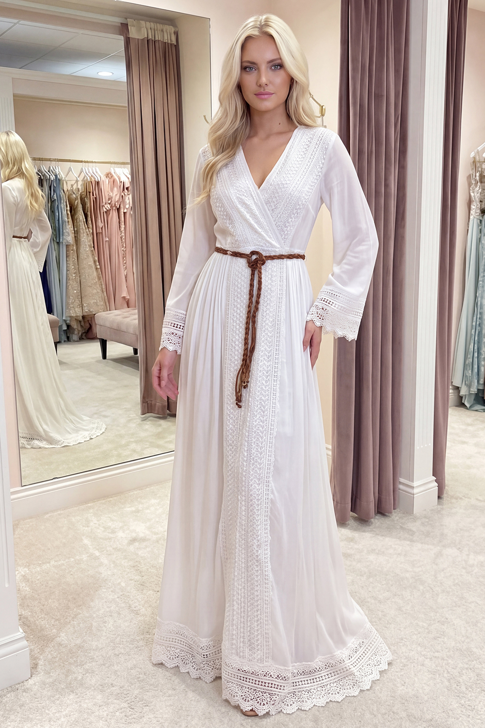 White V-Neck A Line Long Sleeves Graduation Dress with Lace