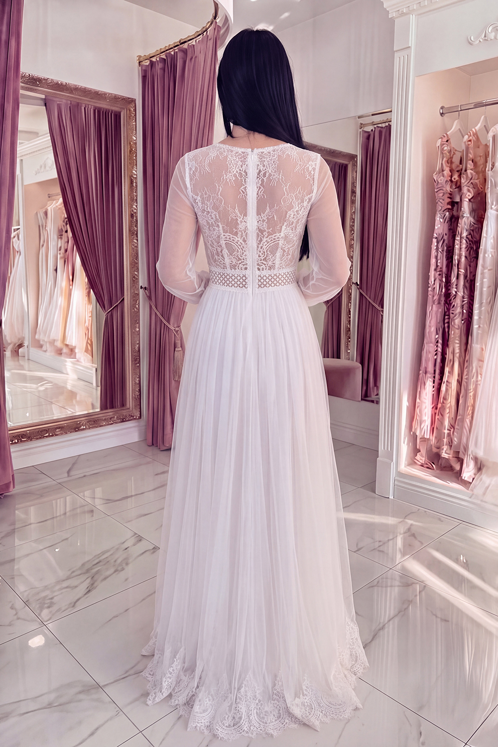 White A Line V-Neck Long Graduation Dress with Lace