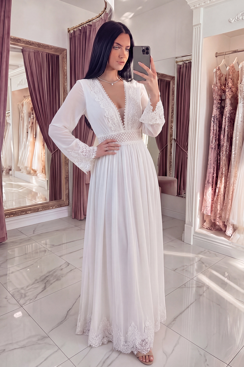 White A Line V-Neck Long Graduation Dress with Lace