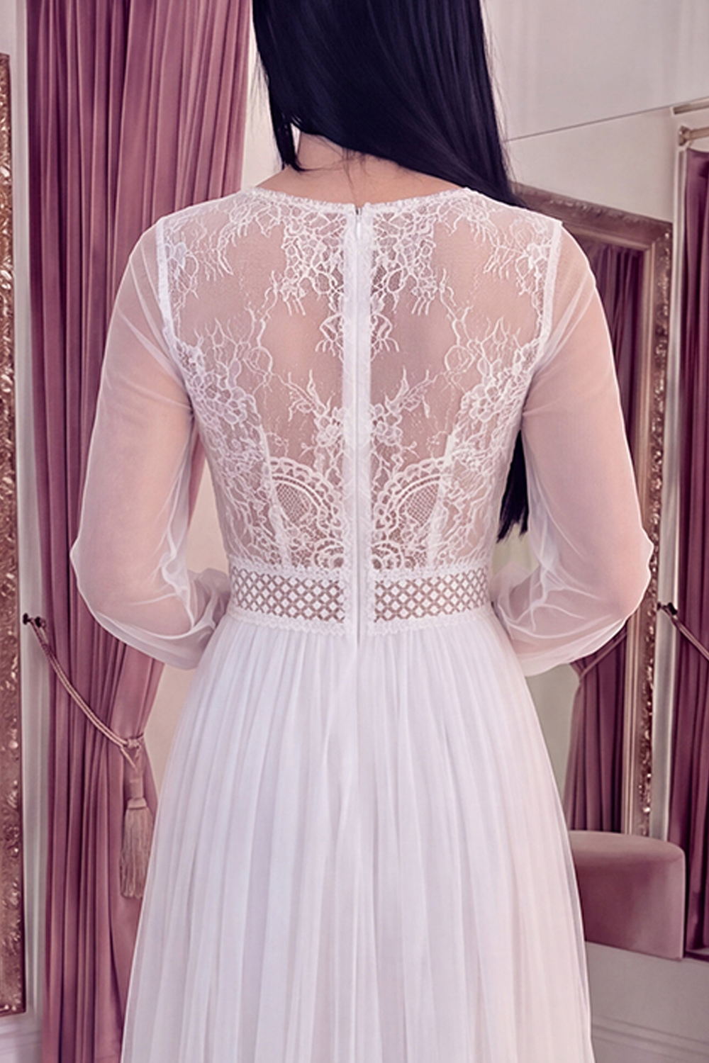 White A Line V-Neck Long Graduation Dress with Lace