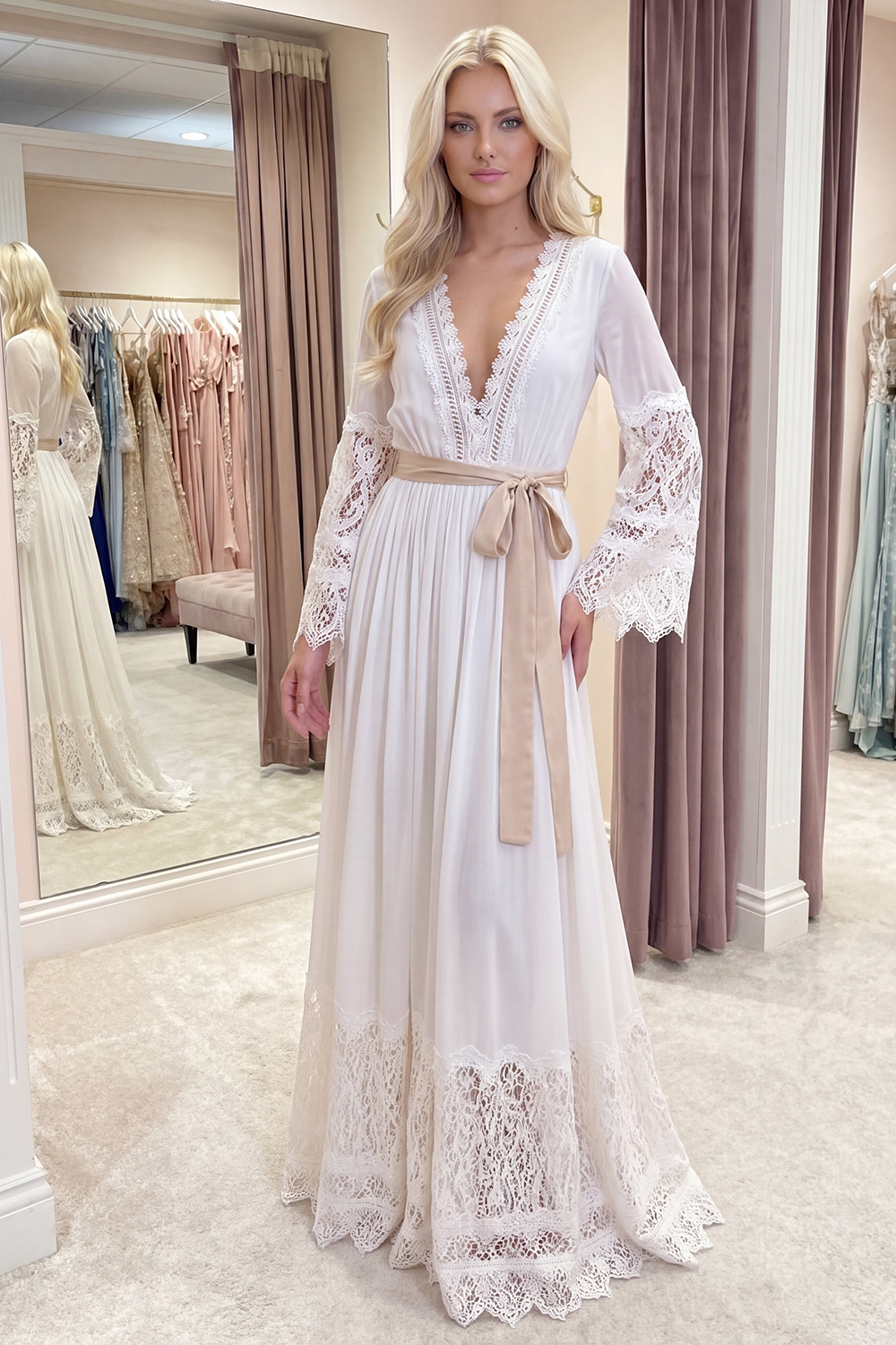 A Line White Long Sleeves V-Neck Graduation Dress with Sash
