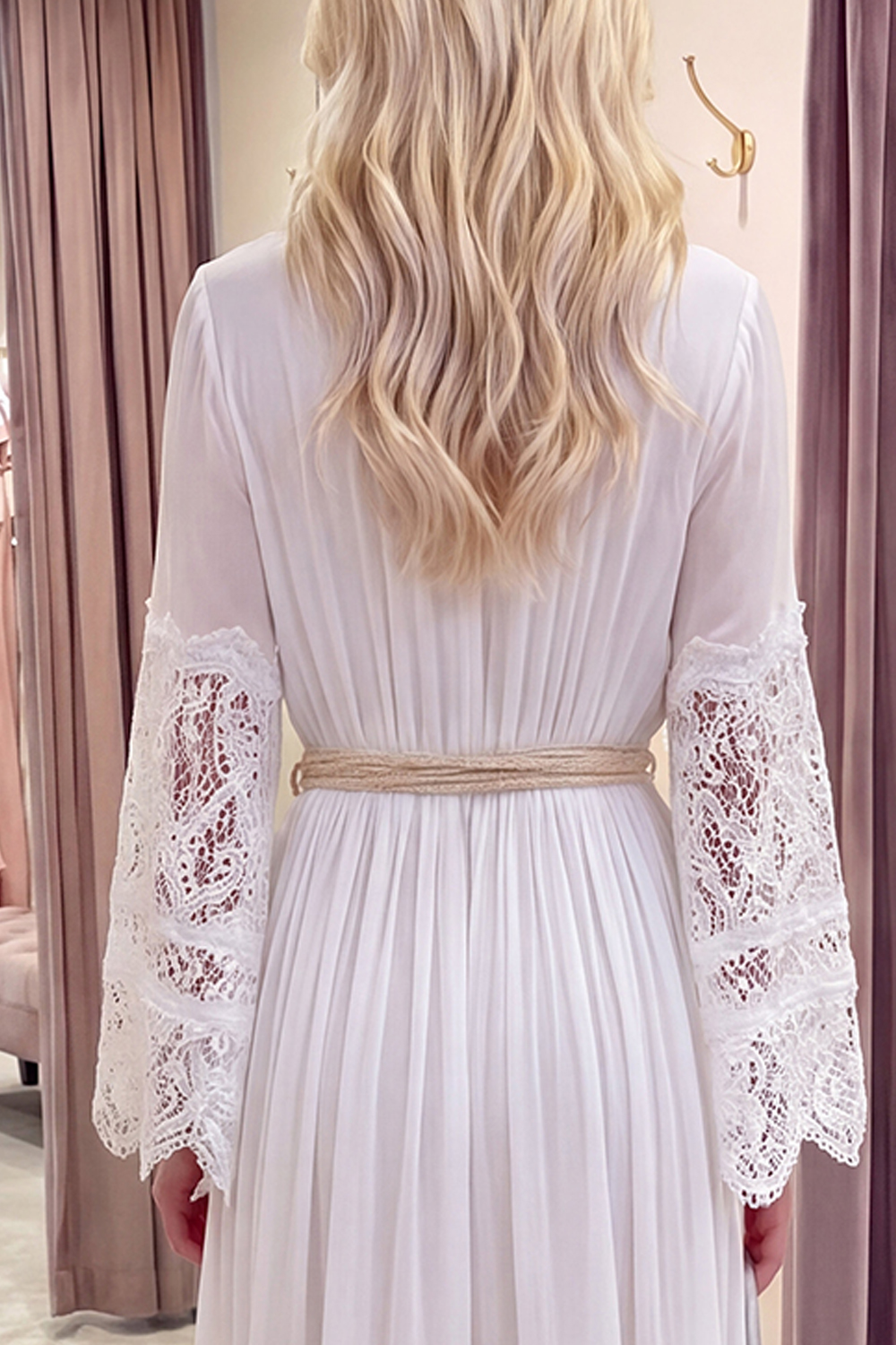 A Line White Long Sleeves V-Neck Graduation Dress with Sash