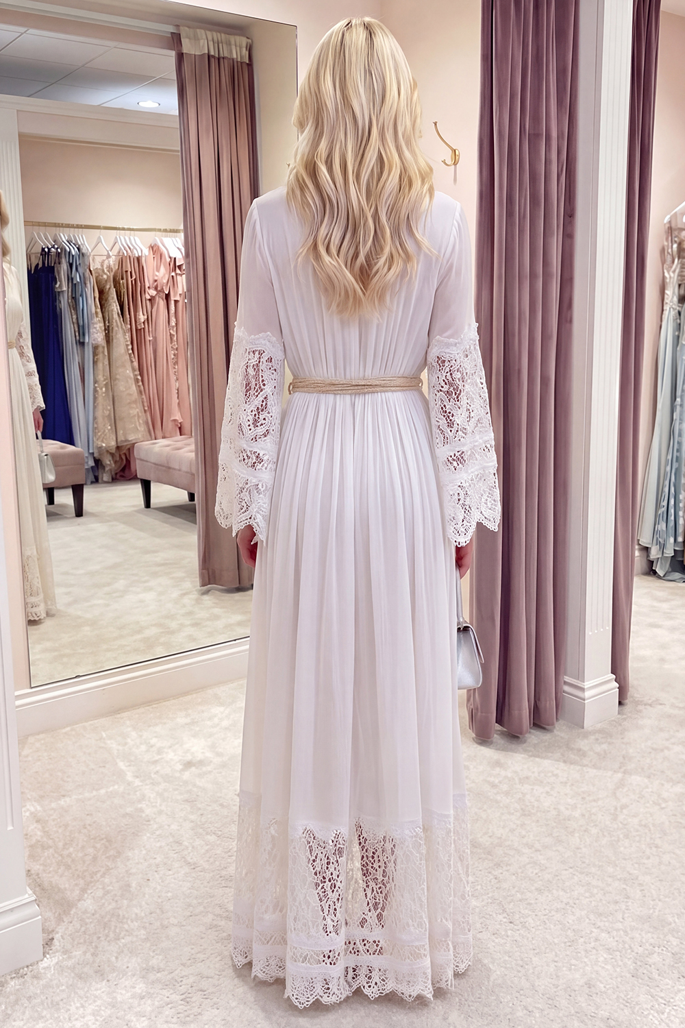 A Line White Long Sleeves V-Neck Graduation Dress with Sash