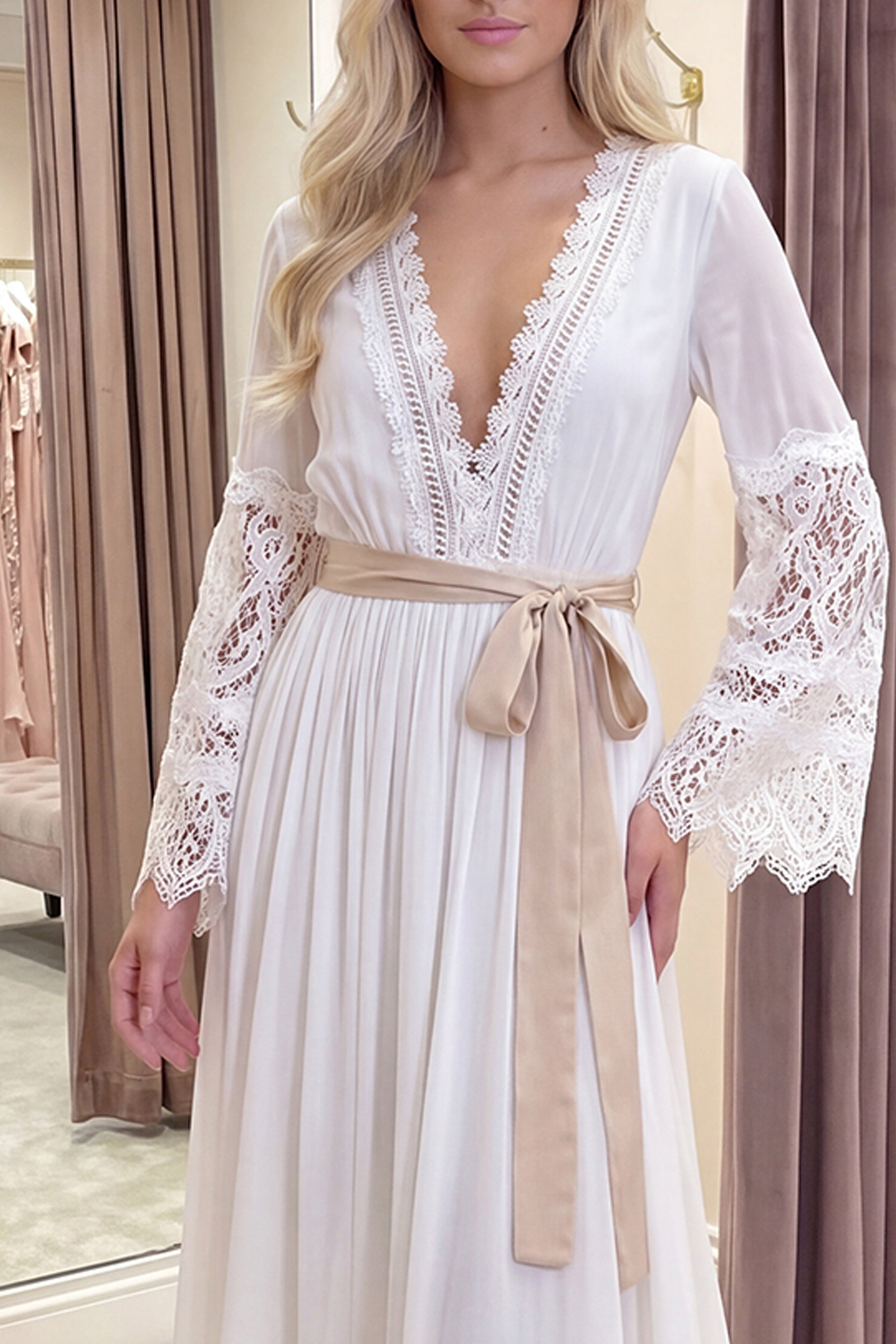 A Line White Long Sleeves V-Neck Graduation Dress with Sash