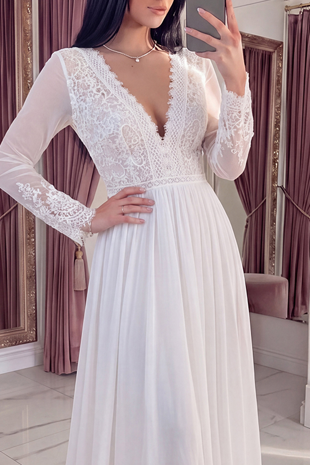 White A Line V-Neck Long Sleeves Graduation Dress with Lace
