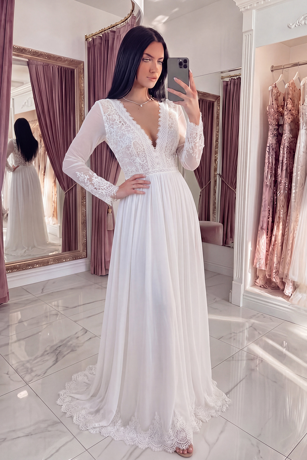 White A Line V-Neck Long Sleeves Graduation Dress with Lace