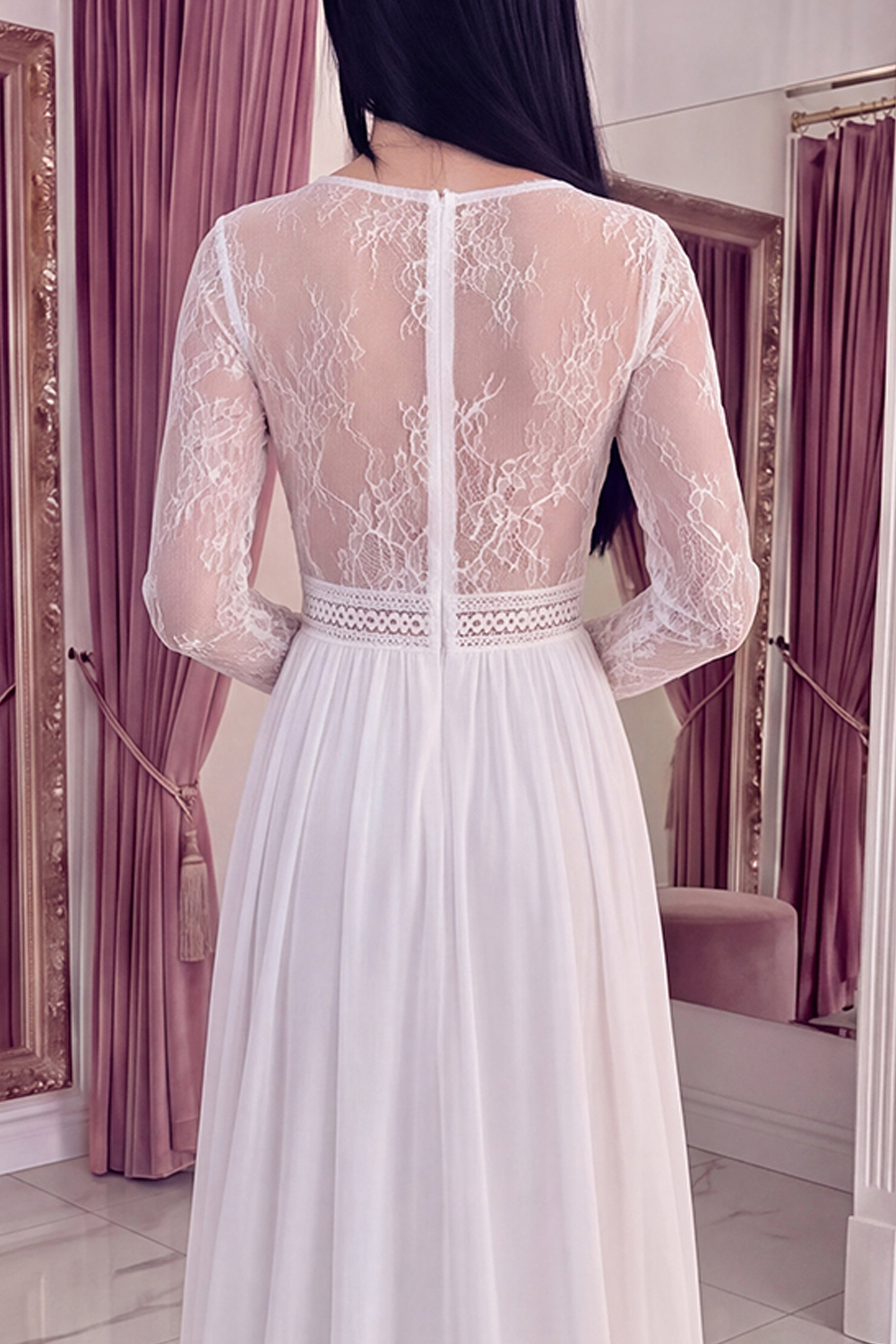 White A Line V-Neck Long Sleeves Graduation Dress with Lace