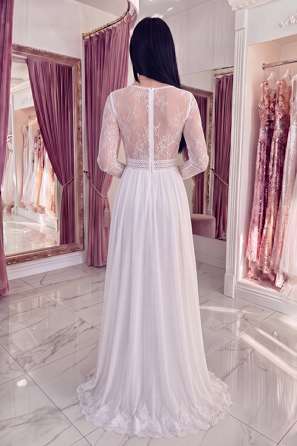 White A Line V-Neck Long Sleeves Graduation Dress with Lace