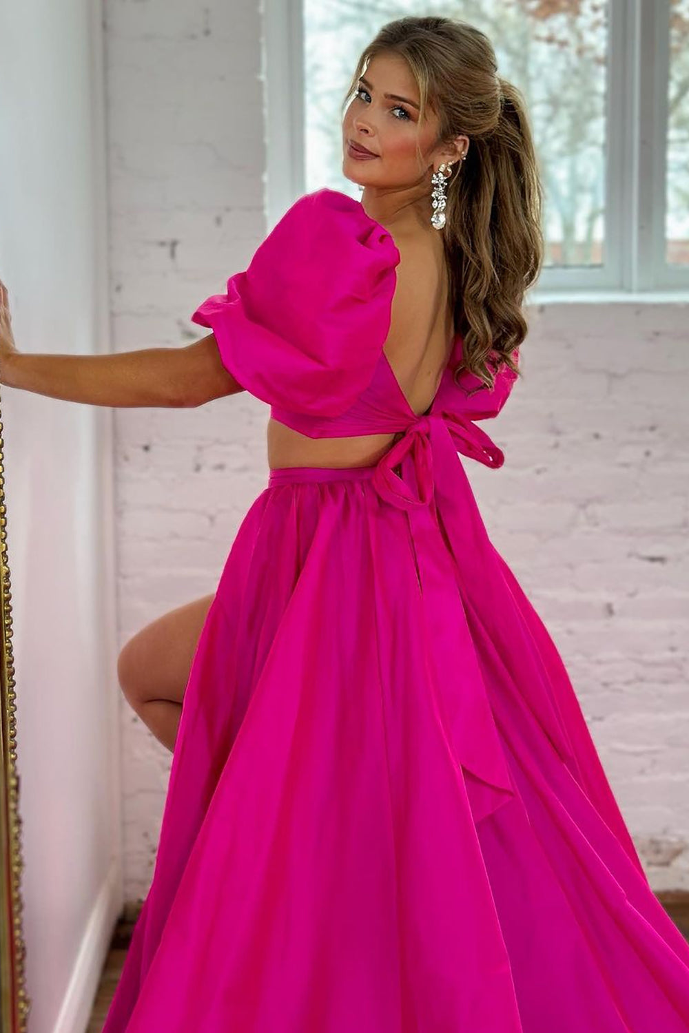 Hot Pink A-Line Two Pieces Square Neck Long Satin Prom Dress With Split