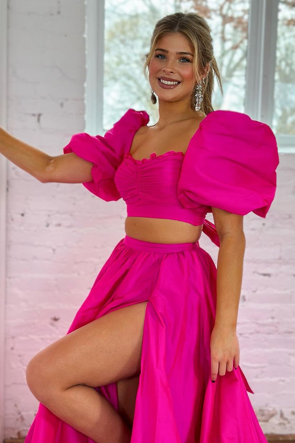 Hot Pink A-Line Two Pieces Square Neck Long Satin Prom Dress With Split