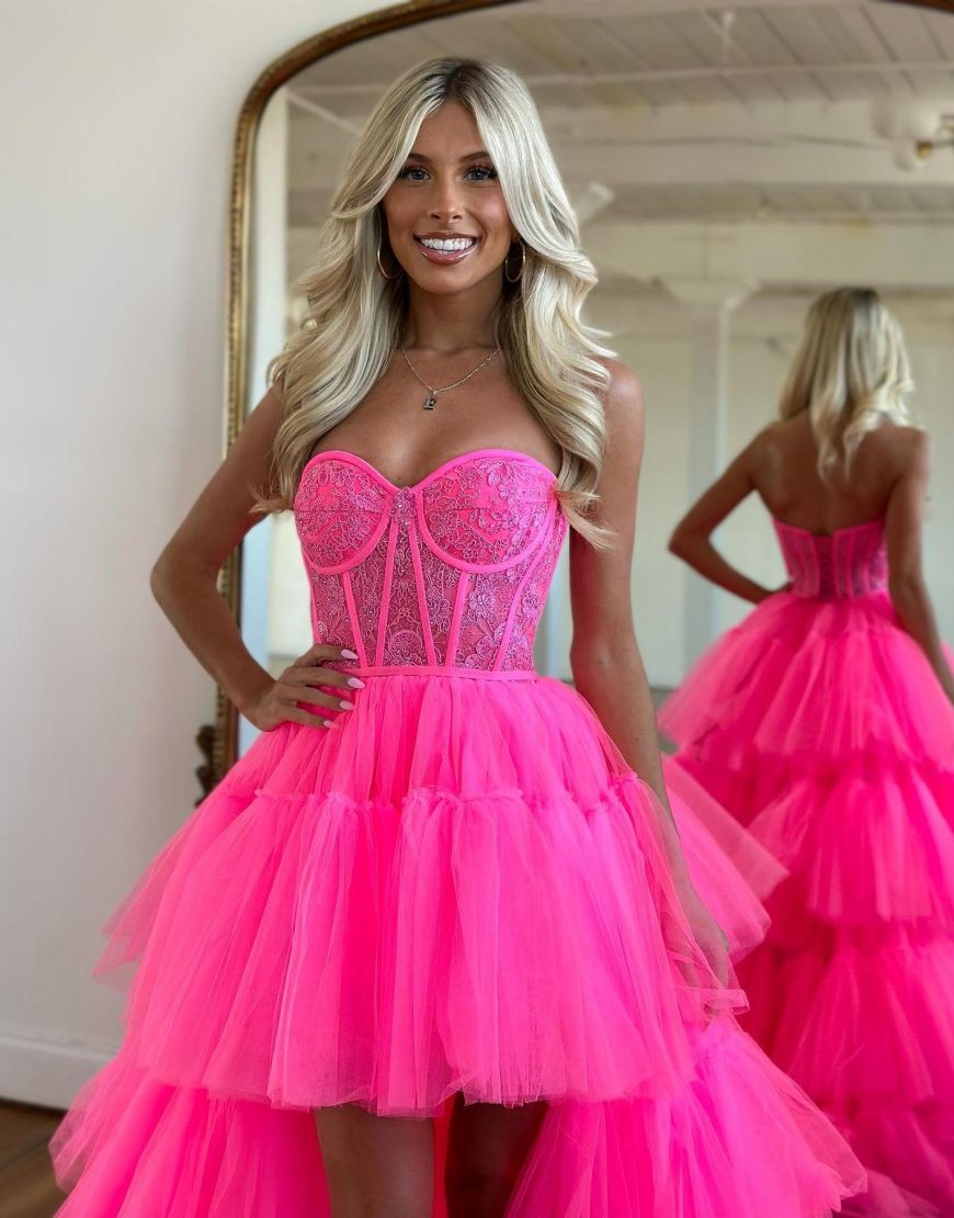 Hot Pink High Low Sweetheart Tiered Prom Dress