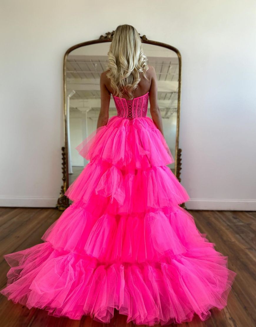 Hot Pink High Low Sweetheart Tiered Prom Dress