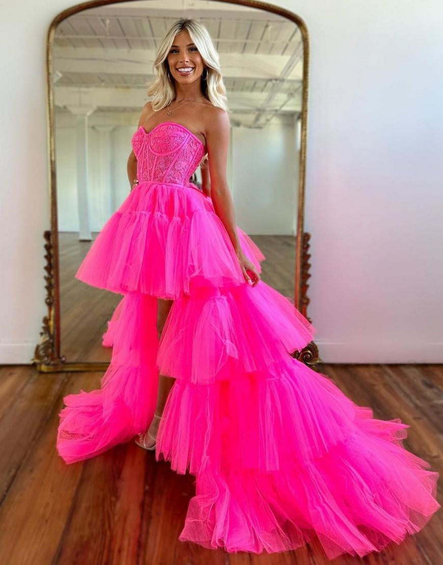 Hot Pink High Low Sweetheart Tiered Prom Dress