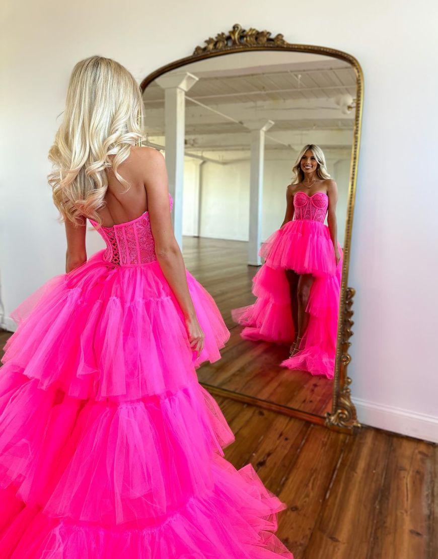 Hot Pink High Low Sweetheart Tiered Prom Dress