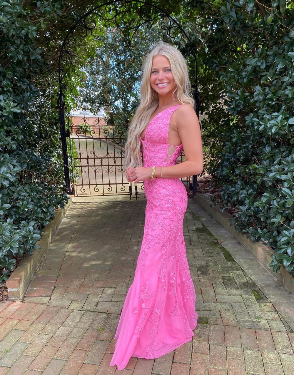 Hot Pink Mermaid Deep V-Neck Prom Dress With Appliques