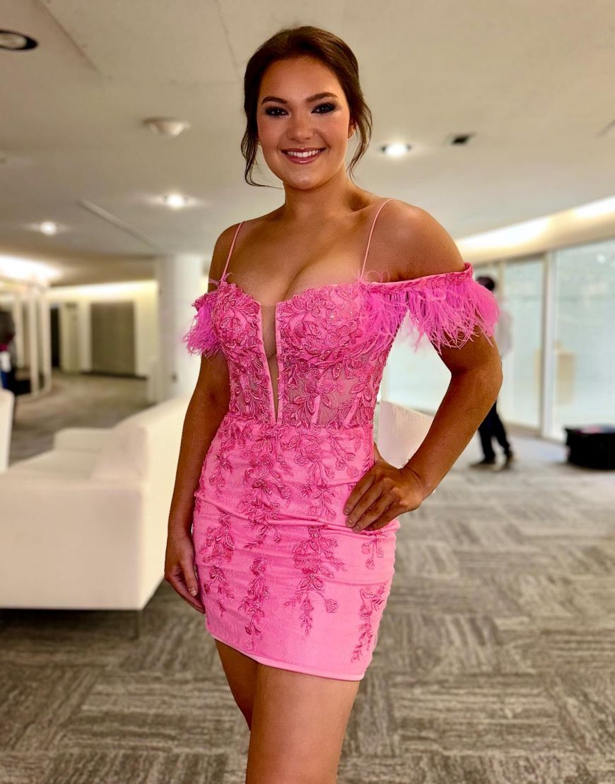 Hot Pink Off The Shoulder Tight Lace Homecoming Dress With Feather