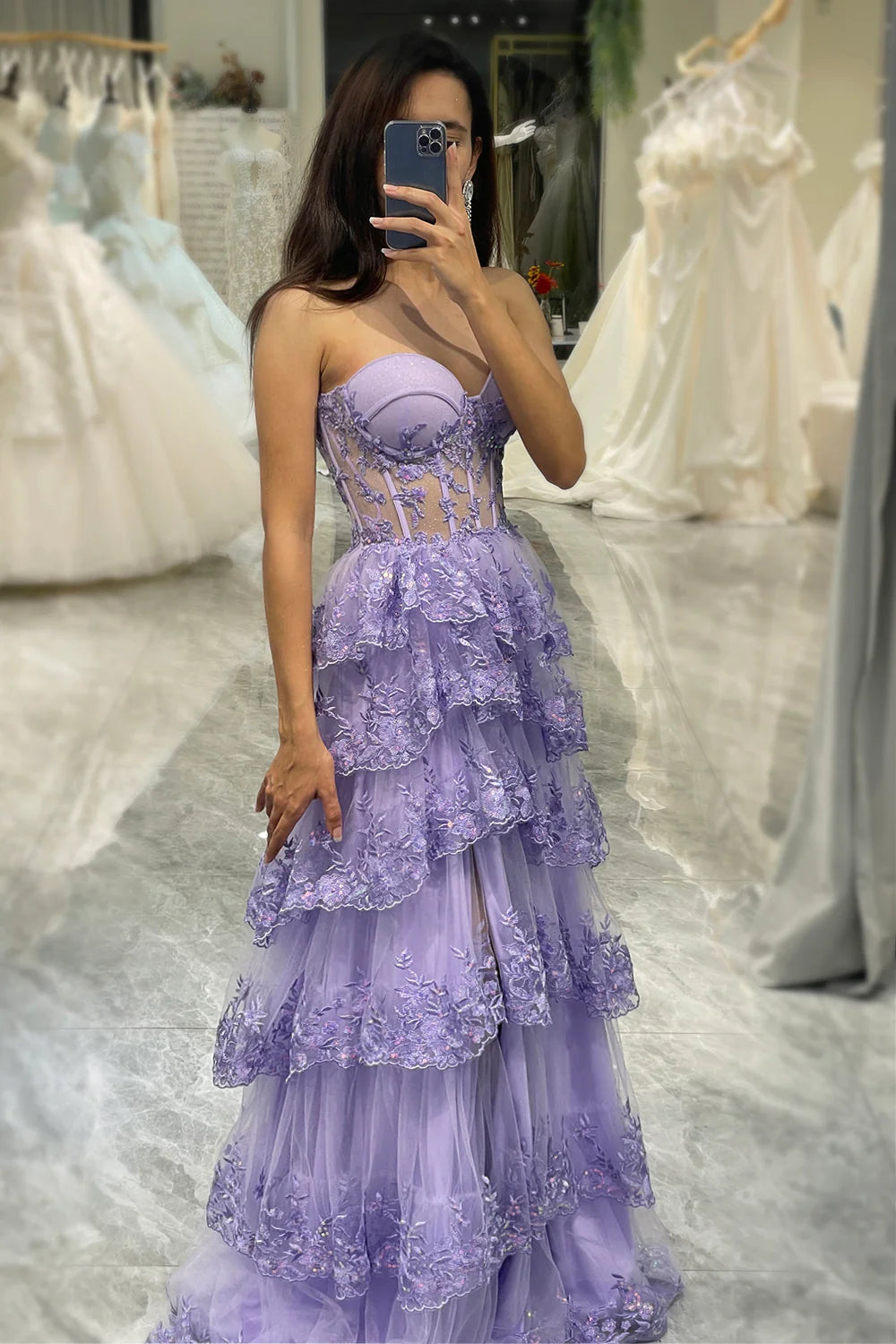 Glitter Purple A-Line Sweetheart Long Tiered Prom Dress With Slit