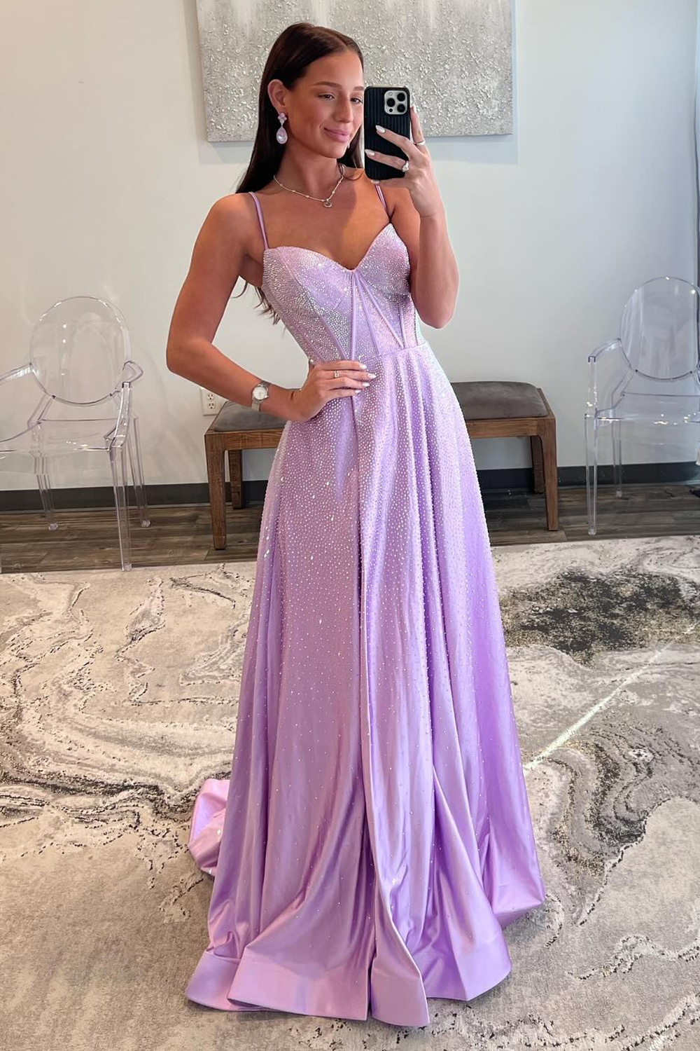Lilac Glitter A-Line Spaghetti Straps Long Beaded Prom Dress with Slit