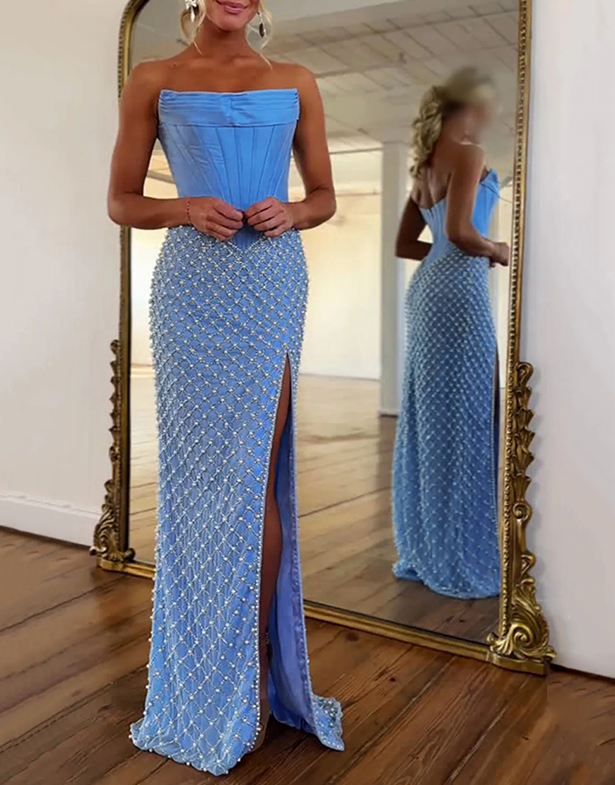 Berlinnova Women Sparkly Blue Corset Long Prom Dress with Pearls Strapless Mermaid Pageant Dress with Slit