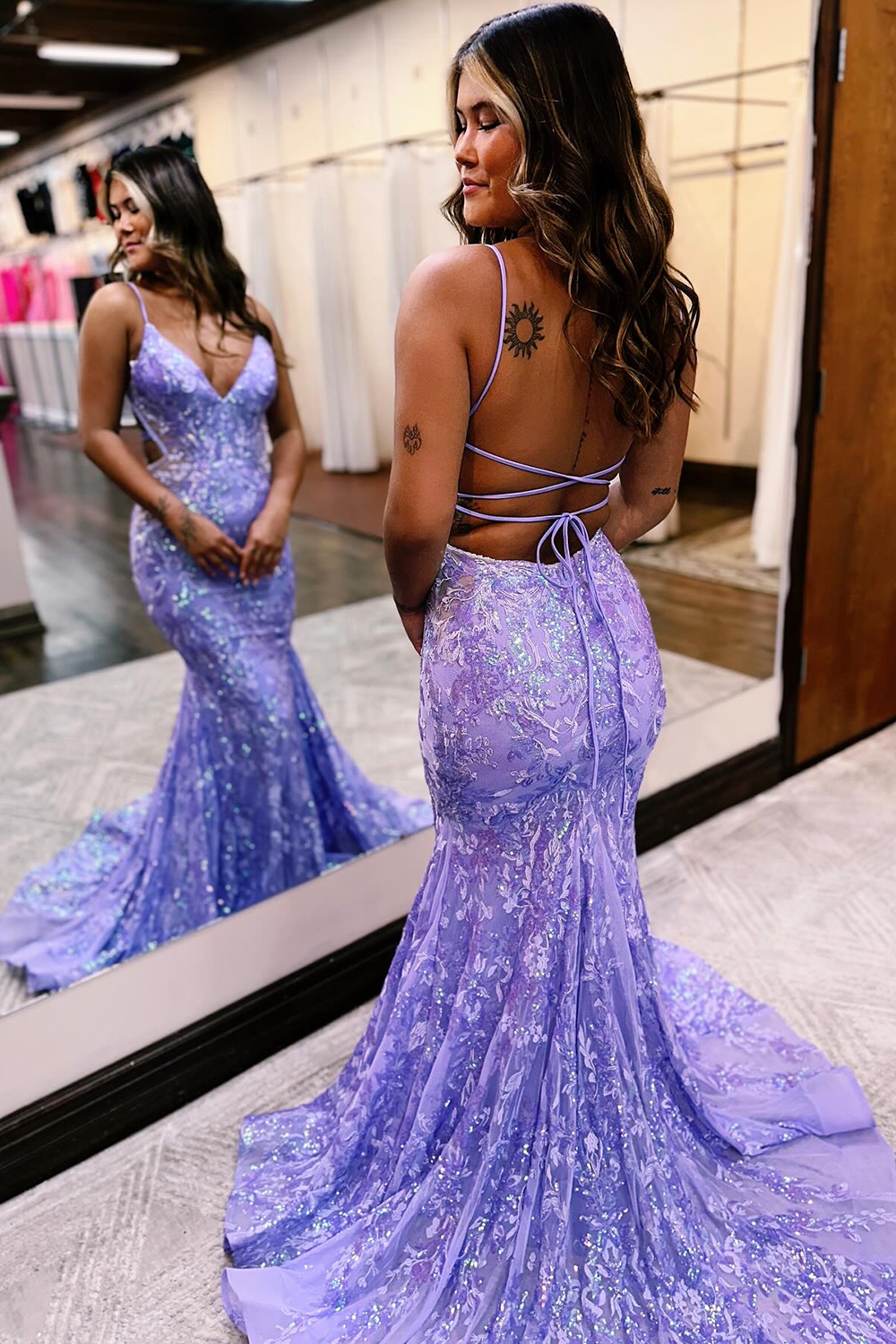 Sparkly Blue Mermaid Spaghetti Straps Sequins Long Backless Prom Dress
