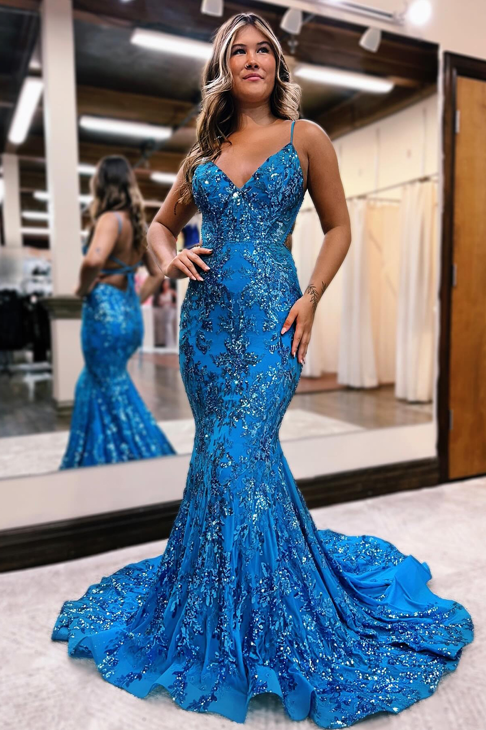 Sparkly Blue Mermaid Spaghetti Straps Sequins Long Backless Prom Dress
