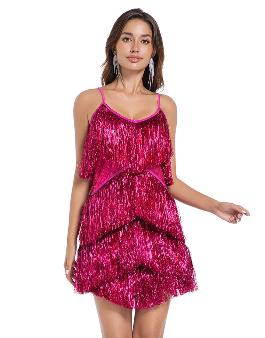 Sparkly Golden Spaghetti Straps Tiered Short Homecoming Dress with Fringes