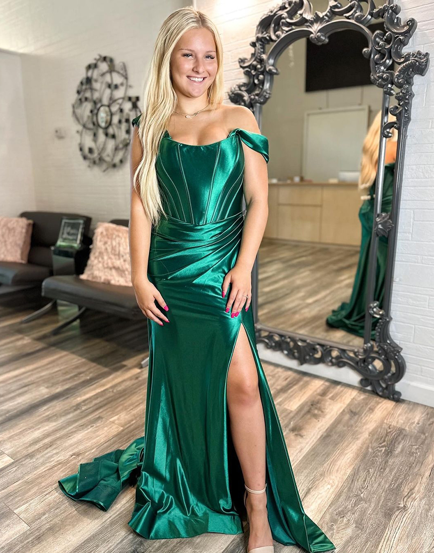 Dark Green Mermaid Off the Shoulder Corset Satin Long Prom Dress with Slit