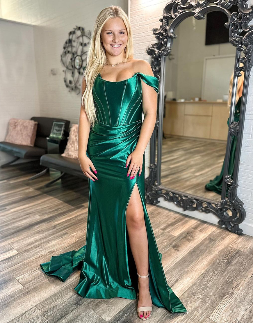 Dark Green Mermaid Off the Shoulder Corset Satin Long Prom Dress with Slit