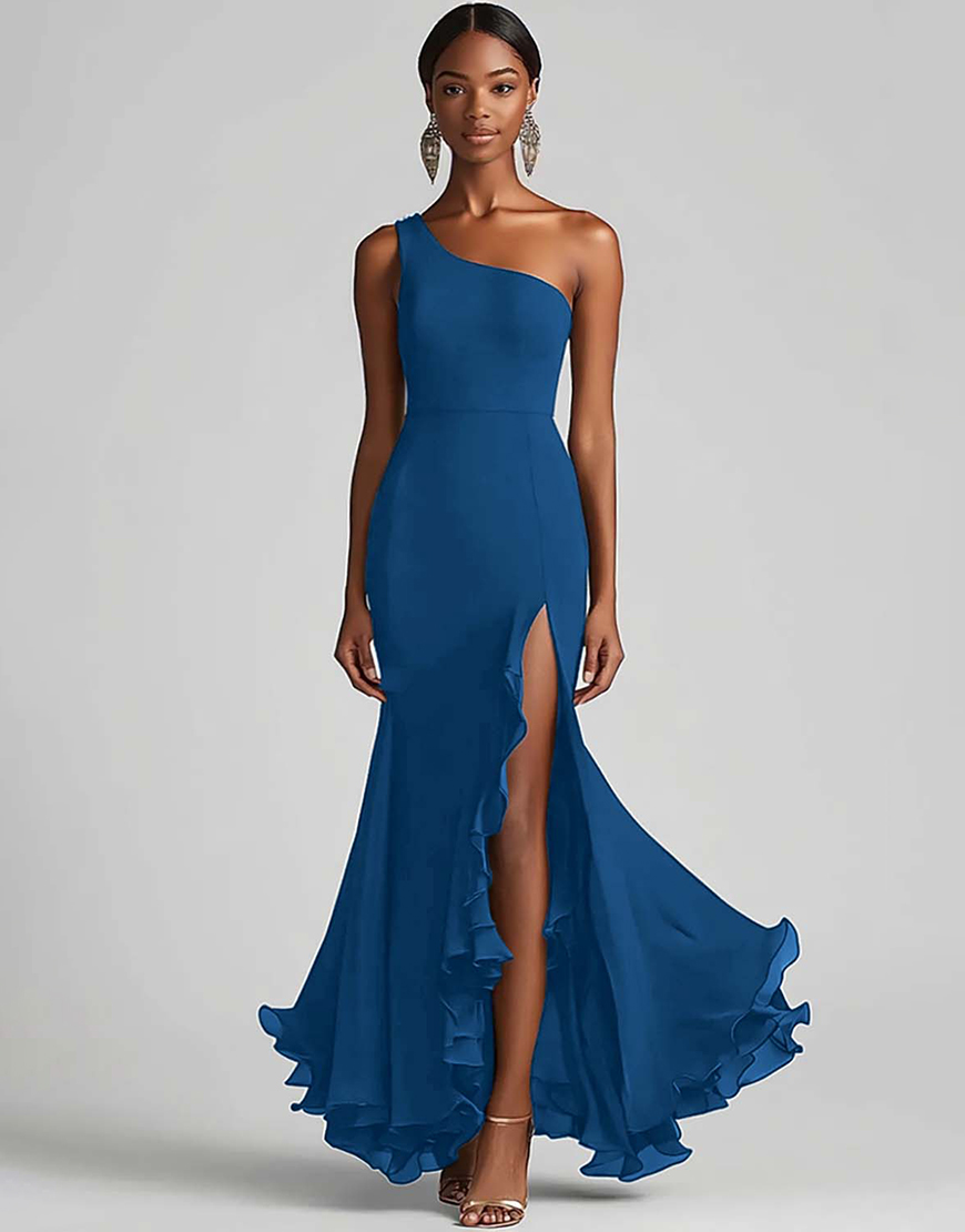Ink Blue Mermaid Ruffled Chiffon Long Formal Dress with Slit