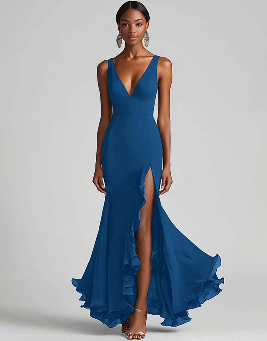 Ink Blue Chiffon Ruffled Long Formal Dress with Slit