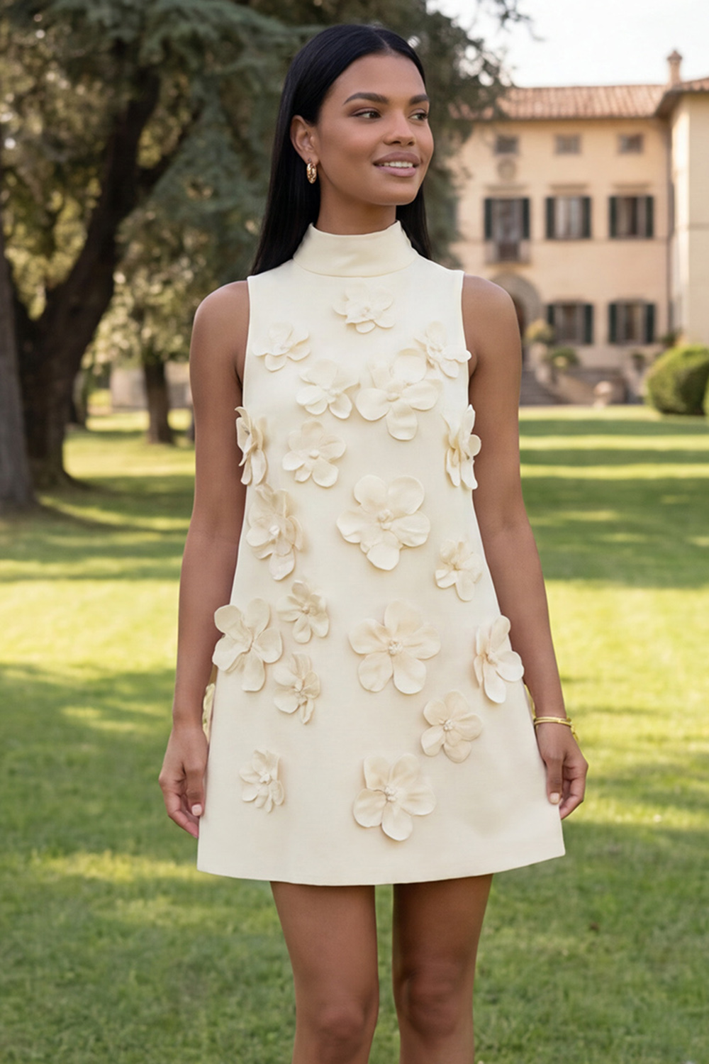 Fuchsia Short Floral High Neck A Line Homecoming Dress