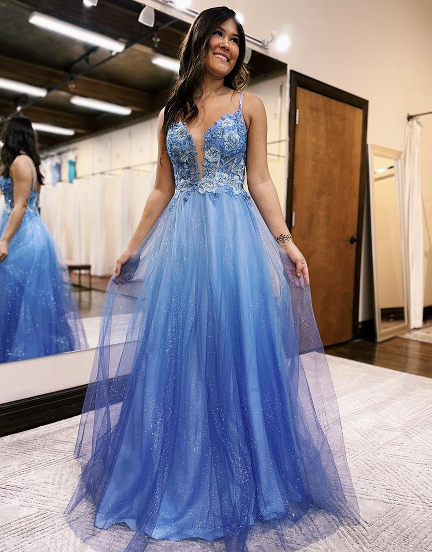 Sparkly Blue A Line Tulle Spaghetti Straps Long Prom Dress With Appliques