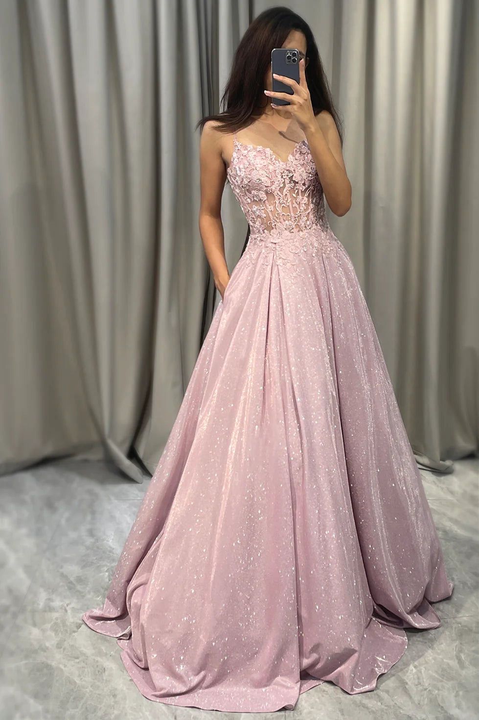 Sparkly Blush A Line Spaghetti Straps Long Prom Dress WIth Pockets