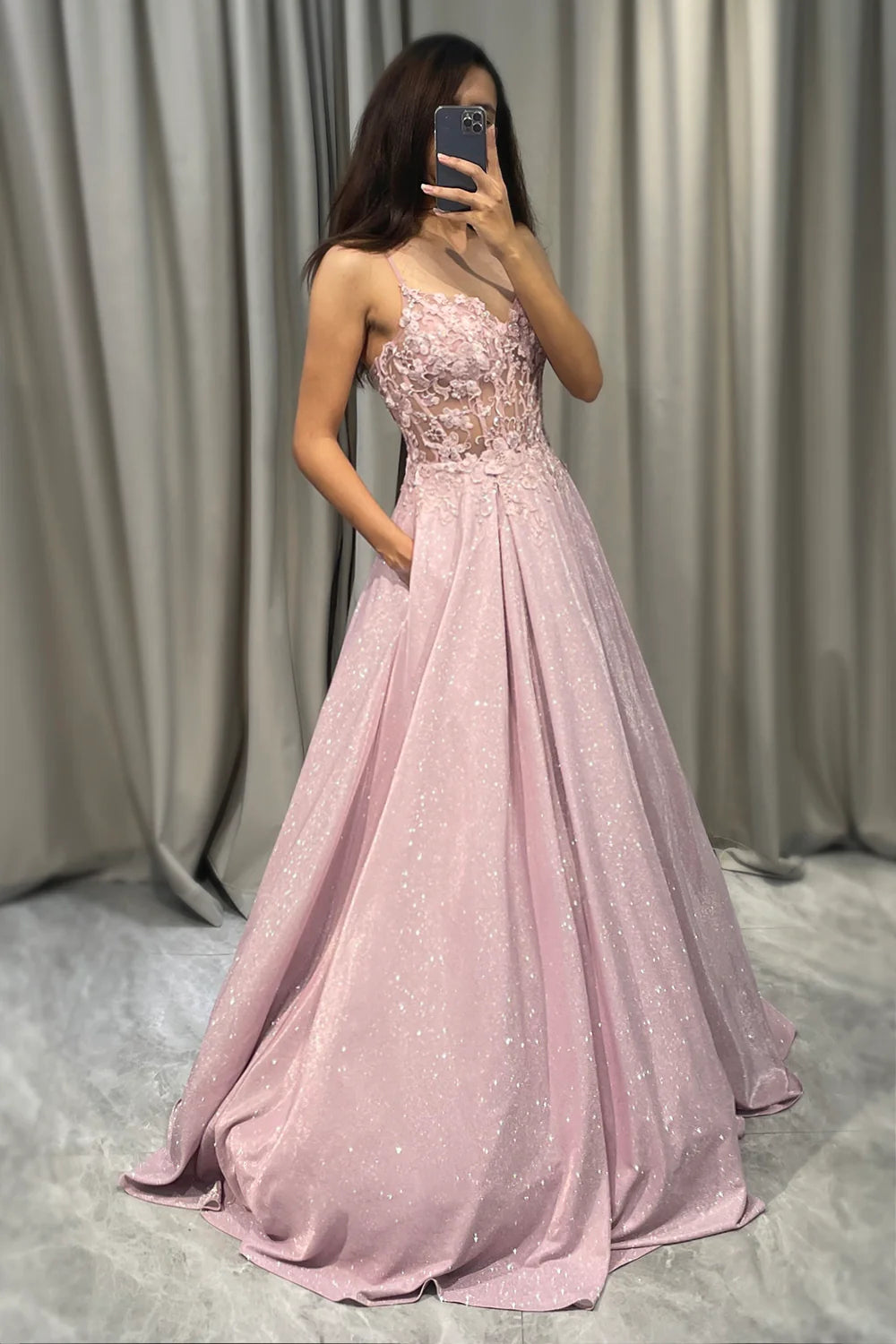 Sparkly Blush A Line Spaghetti Straps Long Prom Dress WIth Pockets