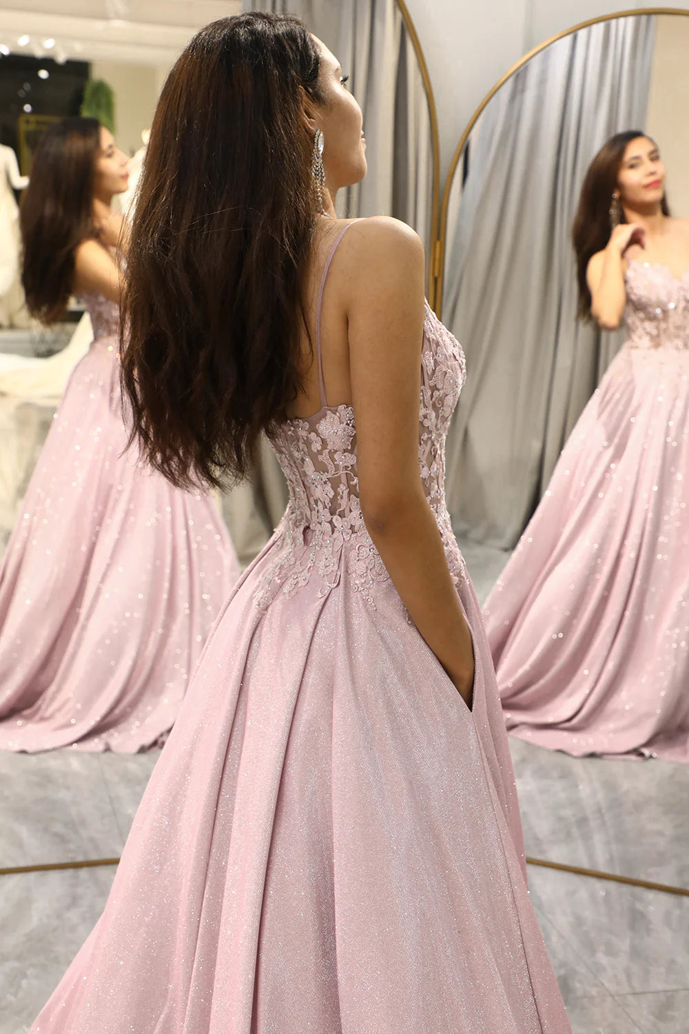 Sparkly Blush A Line Spaghetti Straps Long Prom Dress WIth Pockets