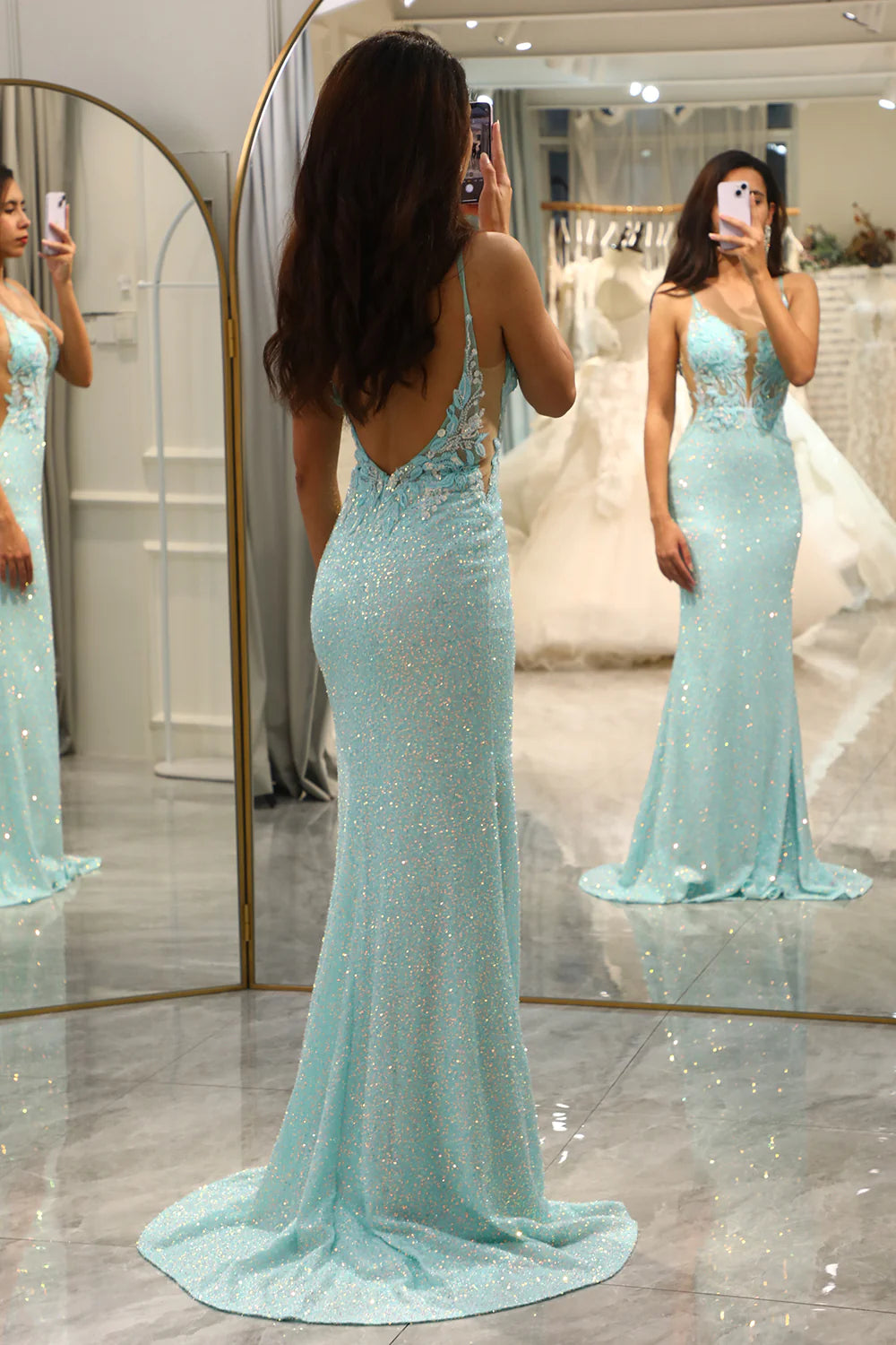 Sparkly Light Green Mermaid Open Back Long Party Prom Dress
