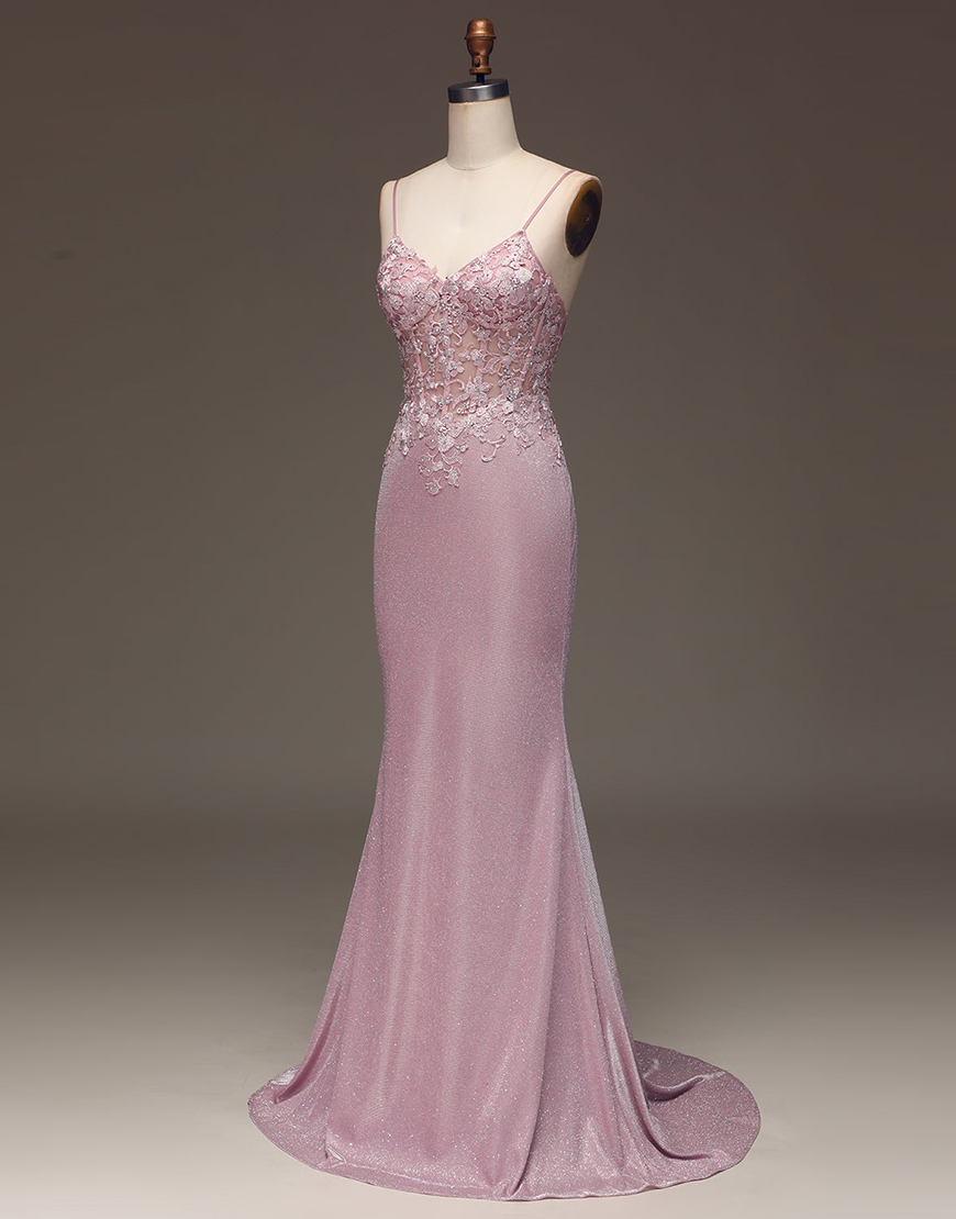 Sparkly Blush Mermaid Beaded Corset Long Prom Dress with Appliques