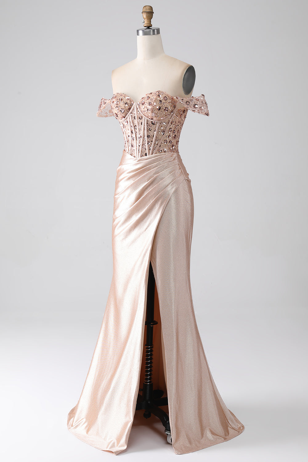 Sparkly Mermaid Champagne Off the Shoulder Long Corset Prom Dress with Slit