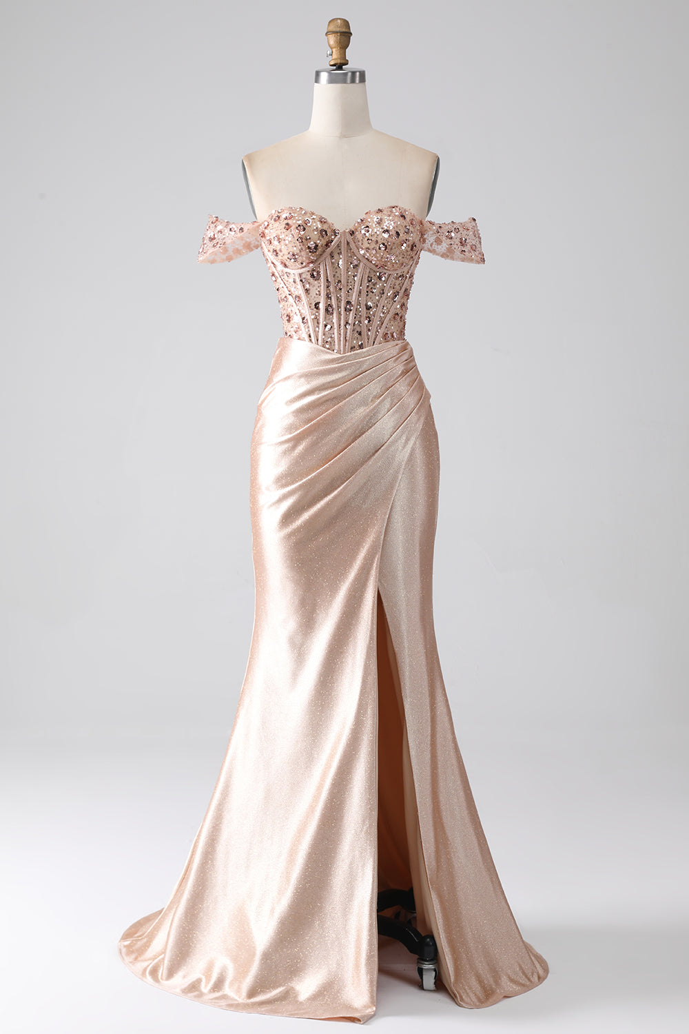 Sparkly Mermaid Champagne Off the Shoulder Long Corset Prom Dress with Slit