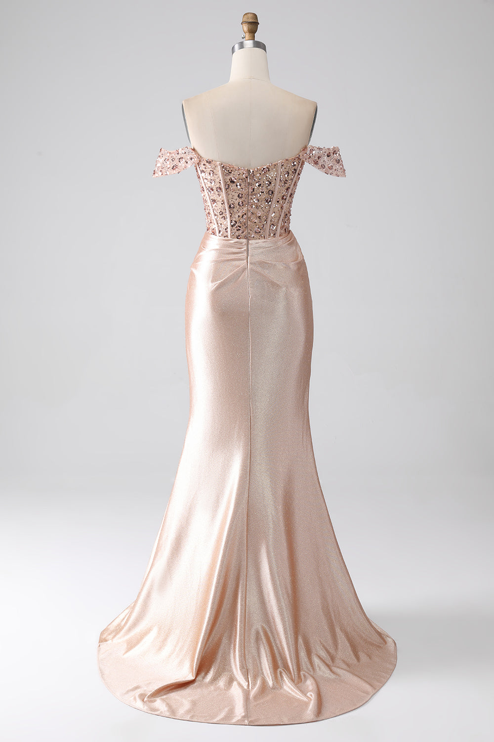 Sparkly Mermaid Champagne Off the Shoulder Long Corset Prom Dress with Slit