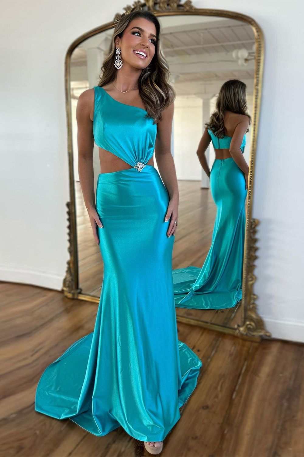 Lake Blue One Shoulder Cutout Waist Long Satin Mermaid Prom Dress With Beading