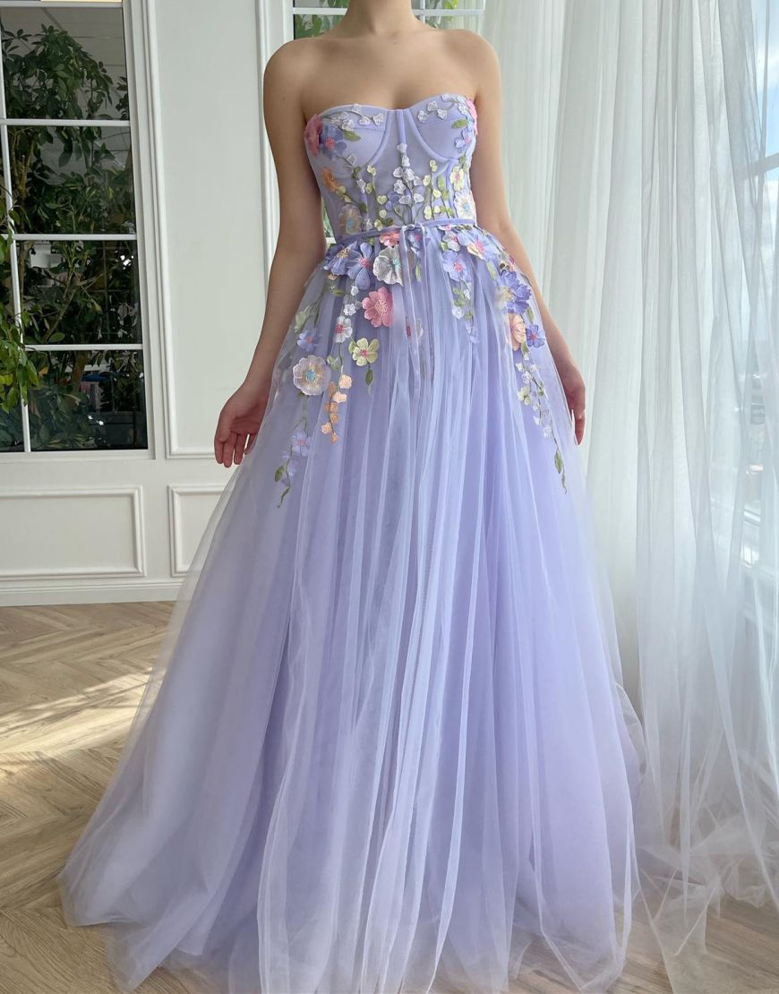 Lavender Strapless A-Line Tulle Party Dress With 3D Flowers
