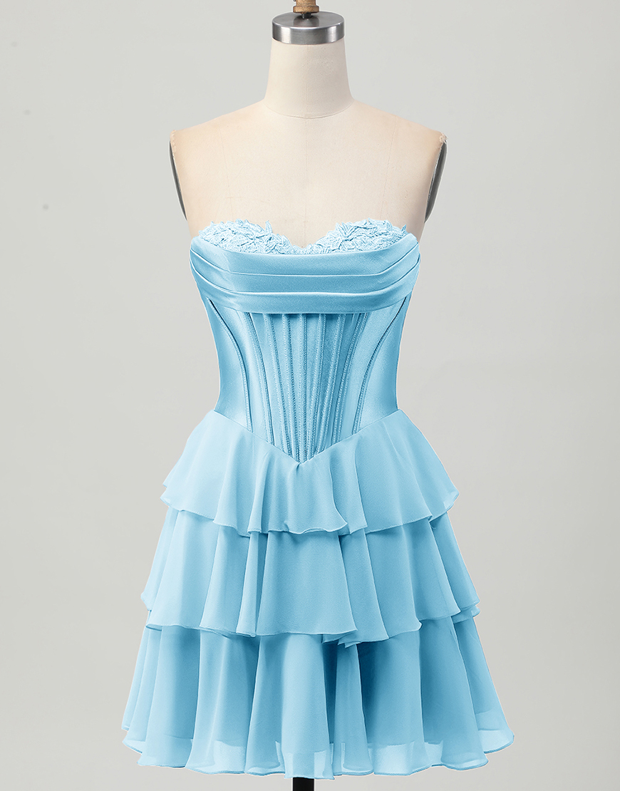 Blue Ruffled Sweetheart Short Corset Homecoming Dress with Lace