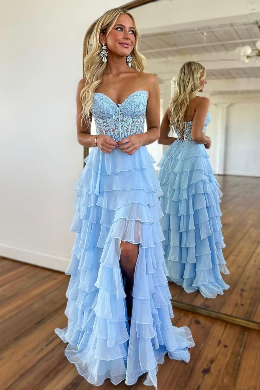 Light Blue Sweetheart Lace Up Long Tiered Chiffon Prom Dress With Slit